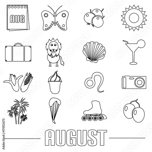 august month theme set of simple outline icons eps10