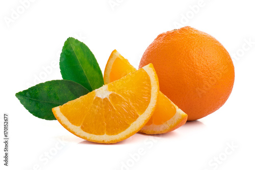 Isolated oranges. Group of fresh orange fruits with leaves