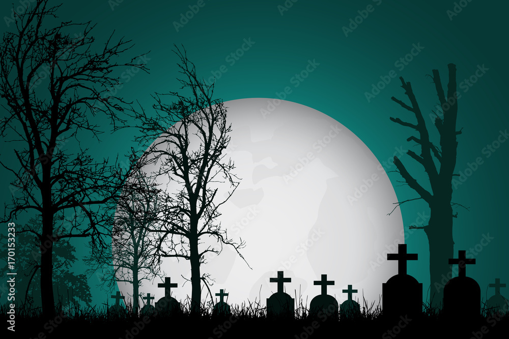 Vector realistic illustration of a haunted cemetery with tombstones, cross and trees without leaves under a dramatic green sky with moon