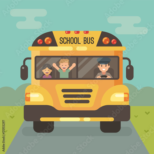 Yellow school bus on the road, front view, with a driver and two children. a boy and a girl.