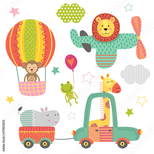 set of isolated transport with baby jungle animals - vector illustration  eps