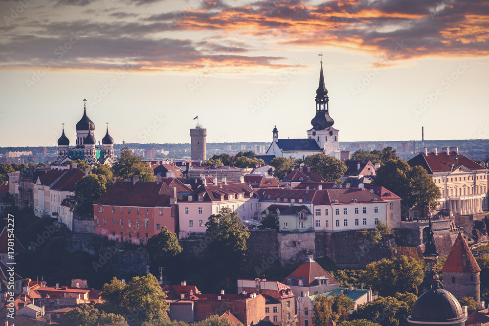 Tallinn, the capital of Estonia, is a beautiful city sunset landscape. View of the old town