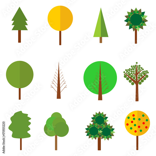Vector collection of green tree icons. Christmas tree illustration. Big set of graphic tree symbol. Natural eco garden background design. 
