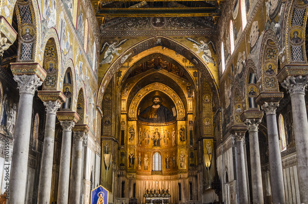 interior view of the main nave of the cathedral of the city of monreale sicily