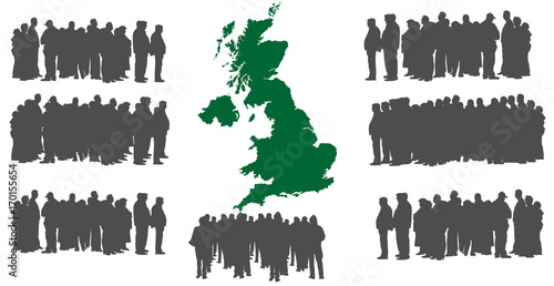 Vector silhouette of a group of refugees, migration crisis in Europe. War migration waves going through Schengen Area. United Kingdom country vector map background. England, Great Britany refugees.