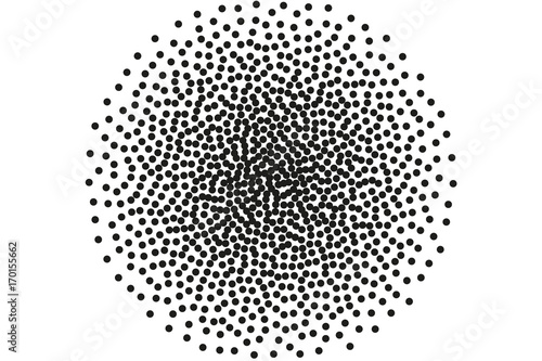 Random halftone. Pointillism style. Background with irregular, chaotic dots, points, circle. 