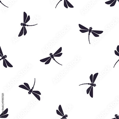 Seamless vector illustration. Pattern with silhouettes of flying dragonfly with curved body on white background