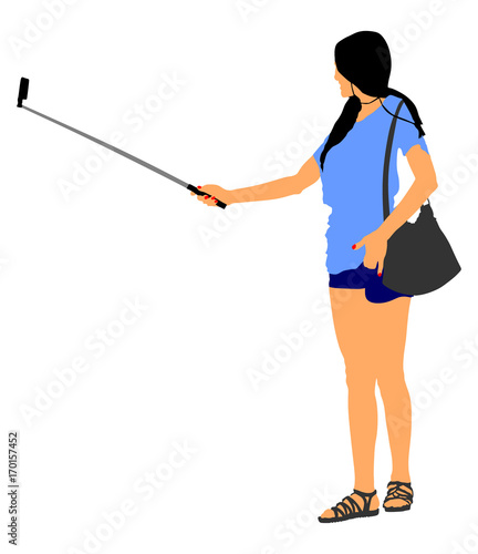 Young woman taking selfie picture vector illustration isolated on white background. hand hold monopod with mobile phone. Selfie teenagers tourists taking pictures. 