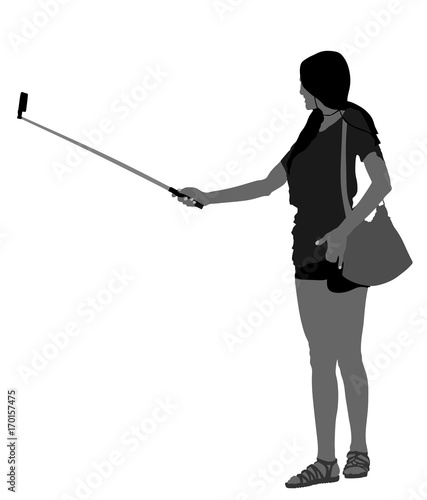 Young woman taking selfie picture vector silhouette illustration isolated on white background. hand hold monopod with mobile phone. Selfie teenagers tourists taking pictures. 