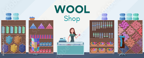 Wool shop interior template with seller or cashier at cash desk, yarn skeins, knitting tools, machine and handmade hobby accessories in flat style vector illustration