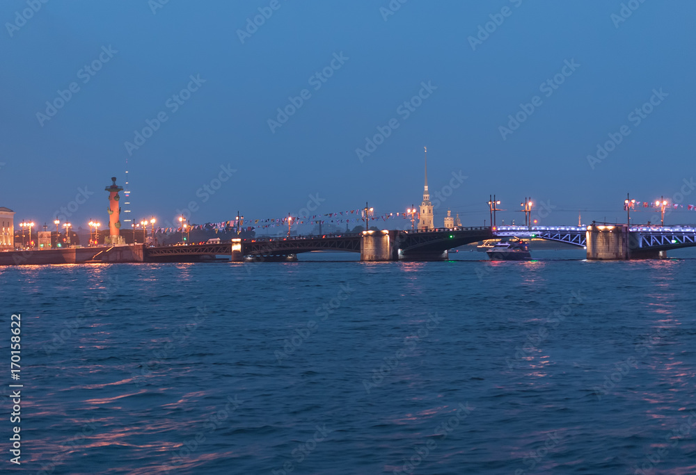 Panorama of the Palace Bridge at dusk. Saint-Petersburg, Russia.