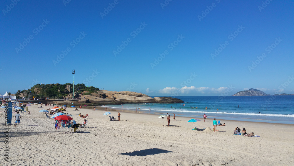 View of the beach with the Arpoador stone in the background in Rio de Janeiro Brazil View of the beach with the Arpoador stone in the background in Rio de Janeiro Brazil