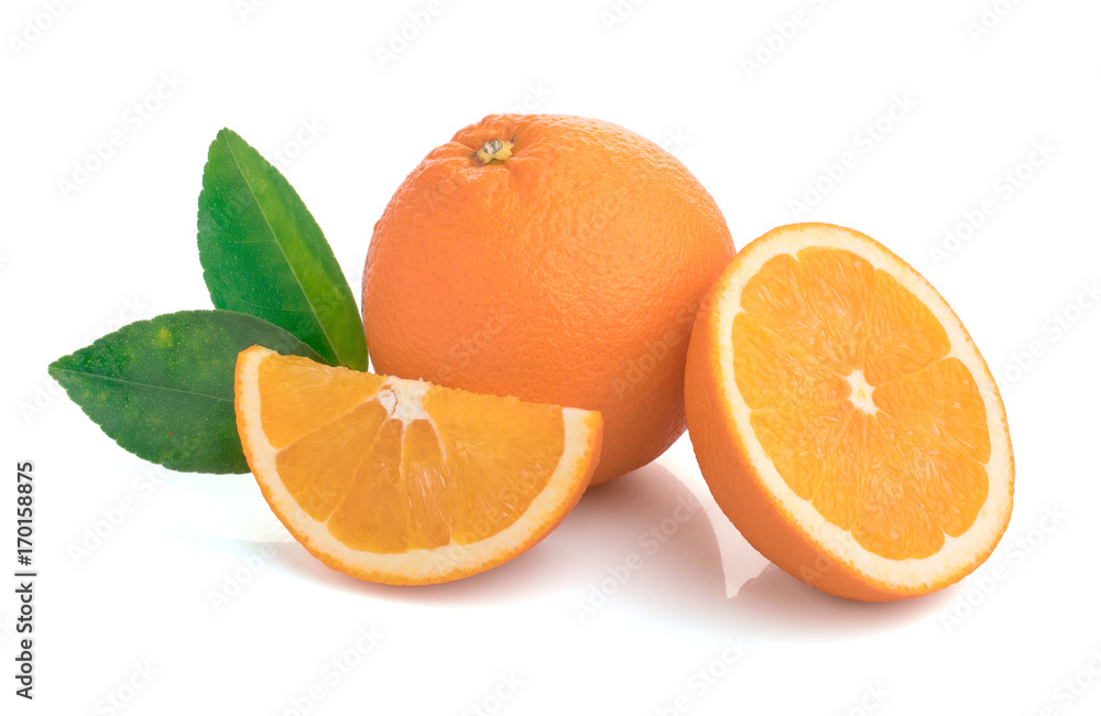 Isolated oranges. Group of fresh orange fruits with leaves Isolated oranges. Group of fresh orange fruits with leaves