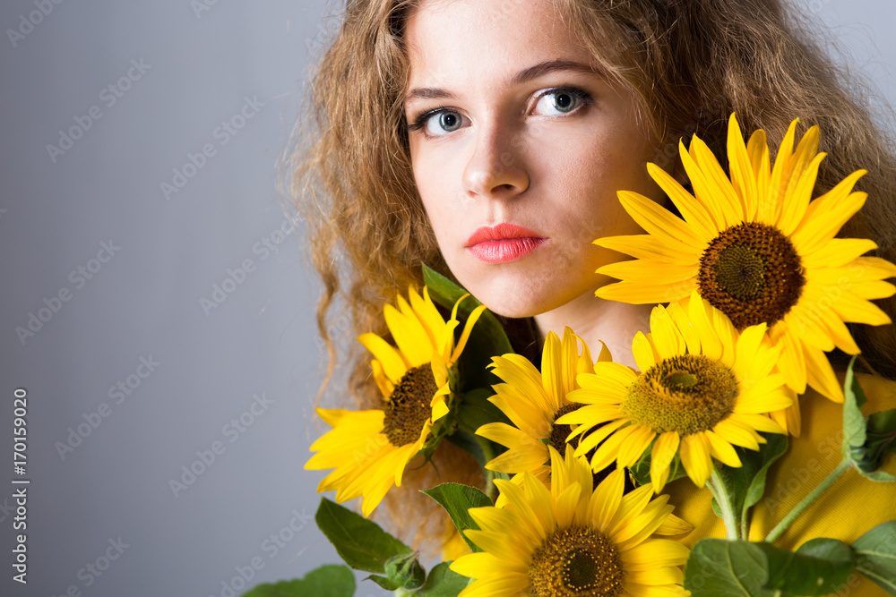 woman with sunflower flowers, woman with sunflower flowers,