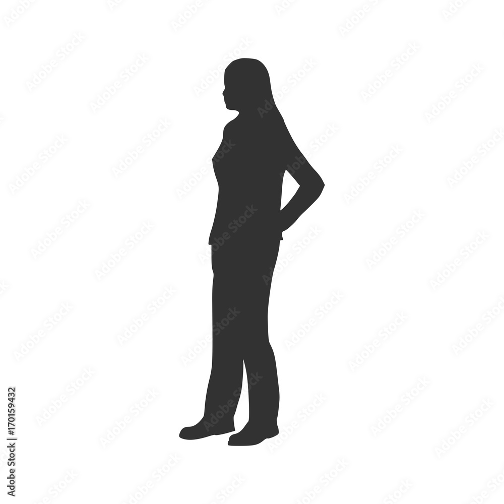 Business Woman Black Silhouette Standing Full Length Over White Background Vector Illustration. Side View