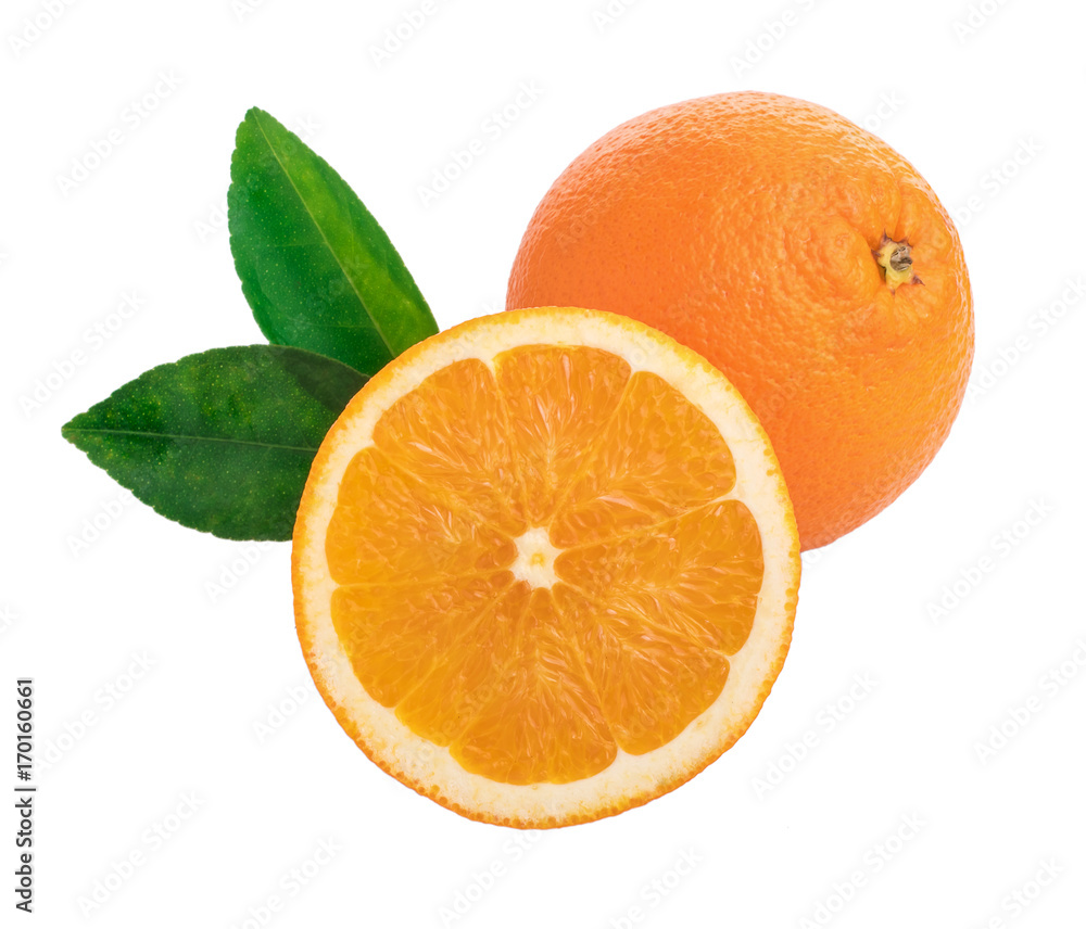 Isolated oranges. Group of fresh orange fruits with leaves Isolated oranges. Group of fresh orange fruits with leaves