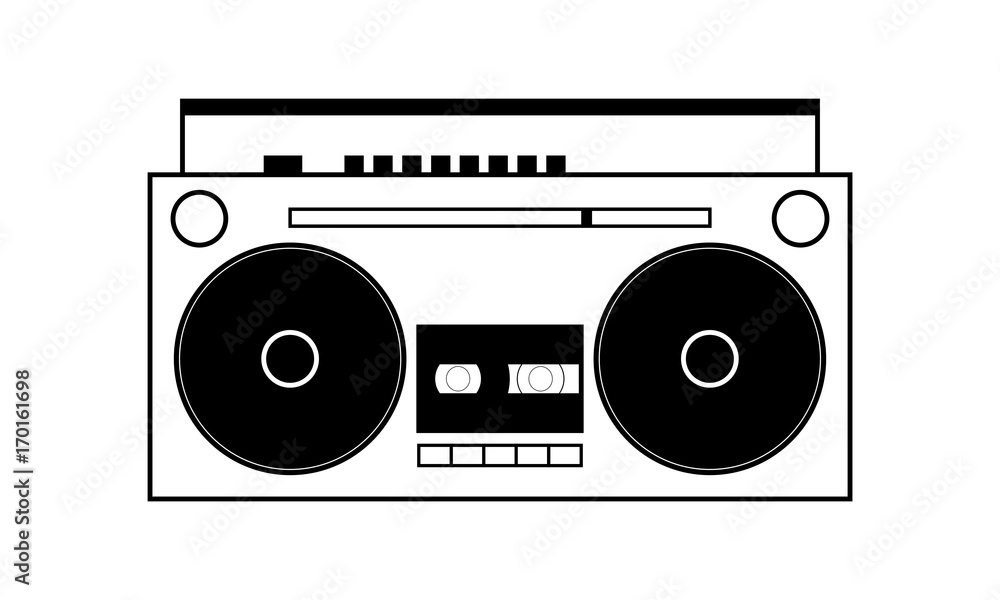 Simple boombox vector illustration, black outlined on white background