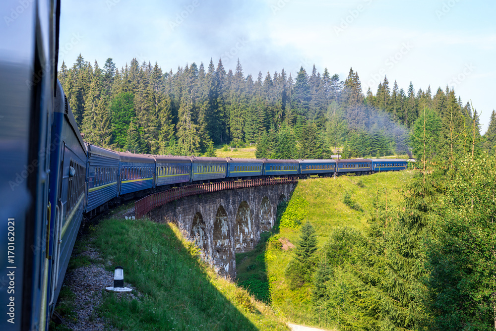 Fototapeta premium Travel, rest. View from the train window at the turn of the train, nature and trees. Horizontal frame