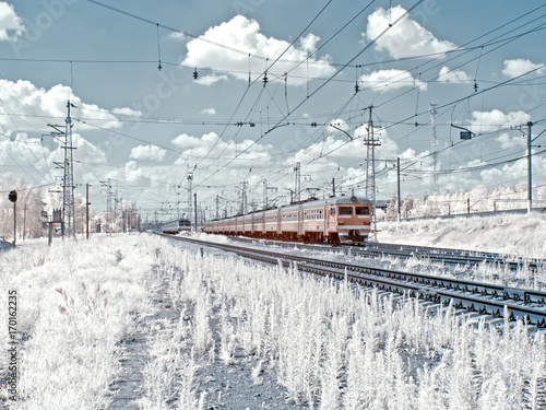 Suburban electric trains. Infrared photography