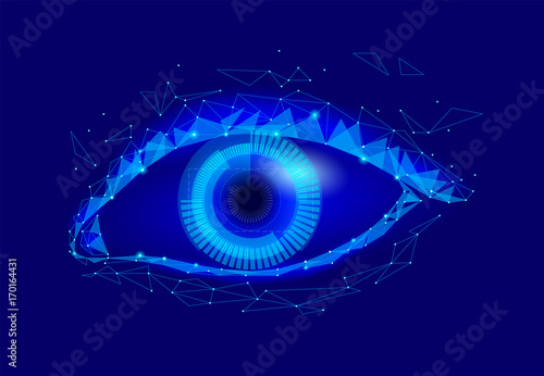Human android cyborg eye futuristic control protection personal internet security access.Concept robot dna system, future scientific technology innovation science. Blue polygonal vector