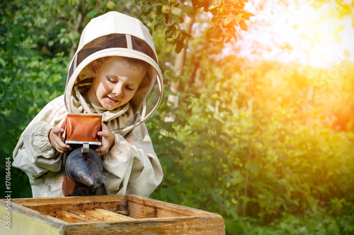 The boy beekeeper works on a beehive at the hive. Apiary. Bees Apiculture.