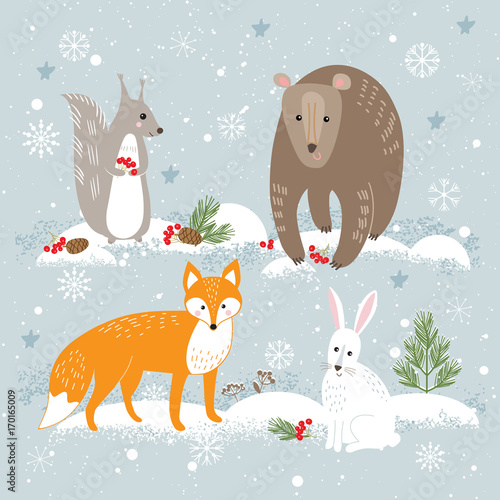 Vector set of cute forest animals  fox  bear  rabbit and squirre