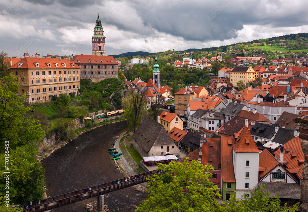 The roofs of the old Czech Krumlov. View of the city from a bird's eye view. Czech Republic.