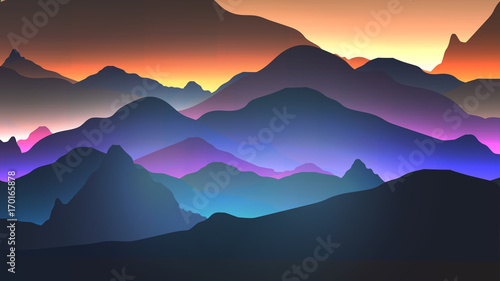 Sunset or Dawn Over the Mountains Landscape - Vector Illustration