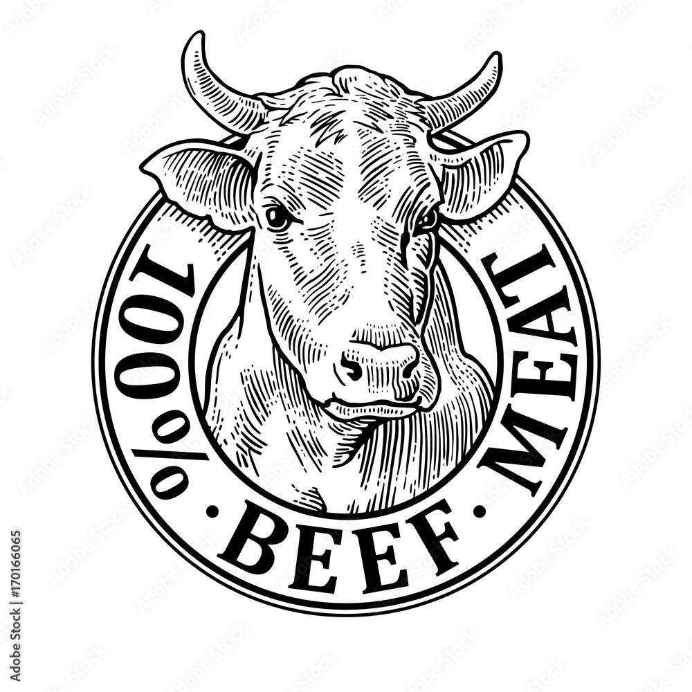 Photo & Art Print Cows head. 100 beef meat lettering. Vintage vector