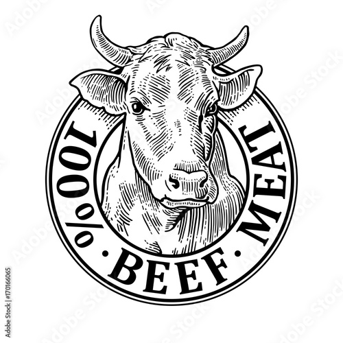 Cows head. 100 % beef meat lettering. Vintage vector engraving