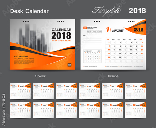 Set Desk Calendar 2018 template design, Orange cover, Set of 12 Months, Week start Sunday