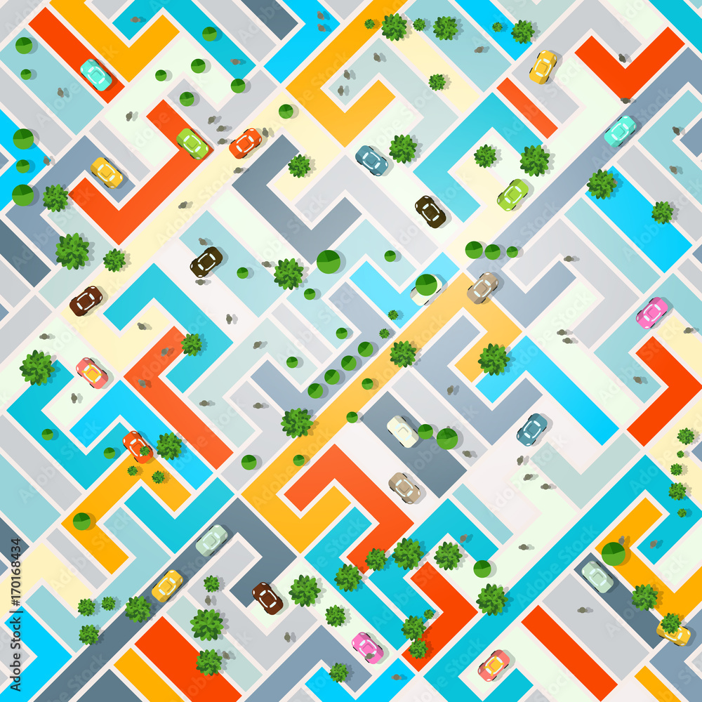 Abstract City Top View. Town with Cars, Trees and People. Vector Illustration.