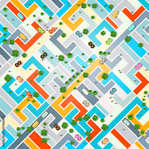 Abstract City Top View. Town with Cars, Trees and People. Vector Illustration.