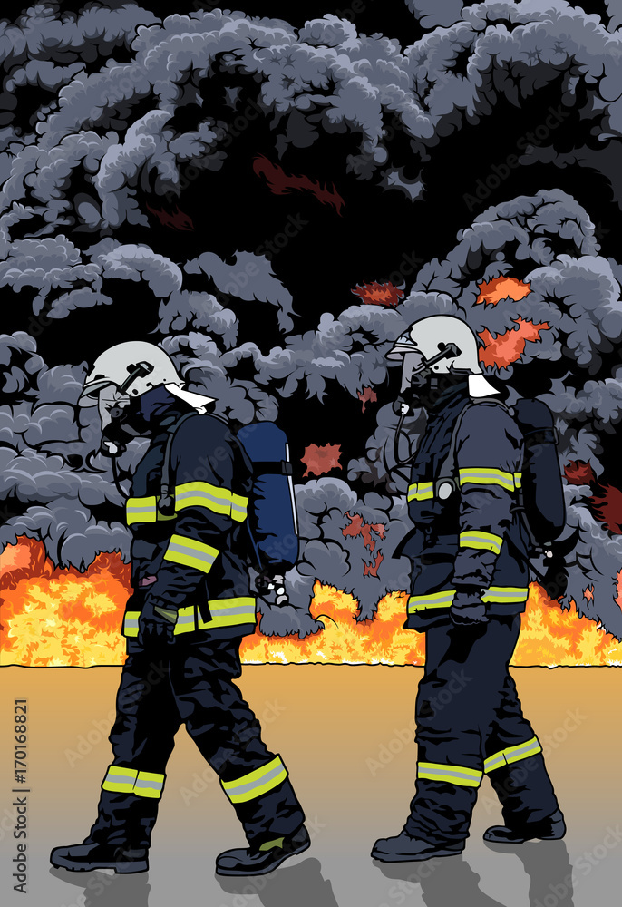 Obraz premium Firefighters and a Big Fire in the Background - Detailed Illustration, Vector