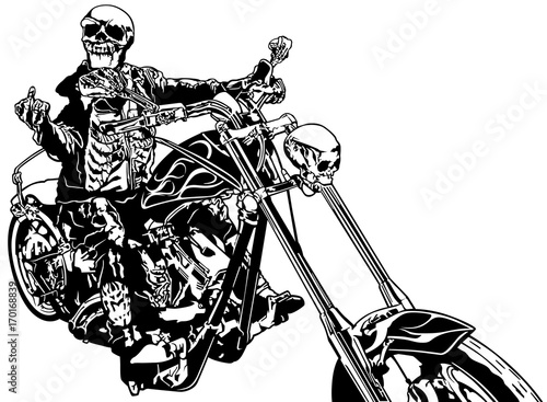Skeleton Rider On Chopper - Black and White Hand Drawn Illustration, Vector