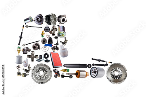 Bild auf Leinwand Images truck assembled from new spare parts. Cargo shop