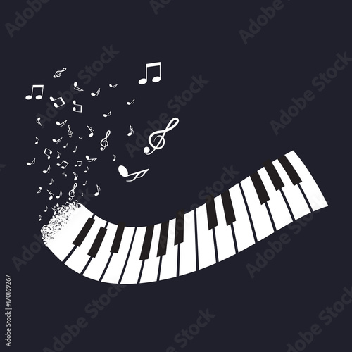 Flat Abstract Piano Keyboard with Notes on Black Background. Music Instrument Vector.