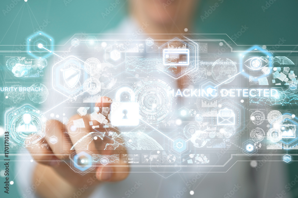 Businesswoman hacking security system 3D rendering Businesswoman hacking security system 3D rendering