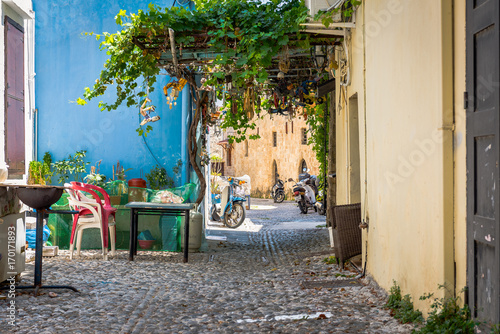 Narrow street with beautiful yard on Rhodes island, Greece  © gorelovs