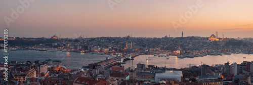 Panoramic view of Bosphorus from Galata Tower in Istanbul, Turkey. Tourists visit Galata tower for this great panoramic view of Istanbul.