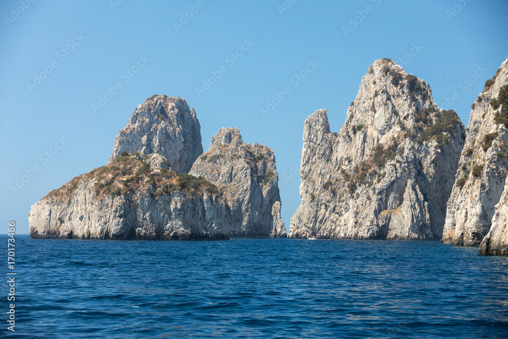  Boats with tourists near Grotta Bianca and Grotta Meravigliosa, Capri, Italy