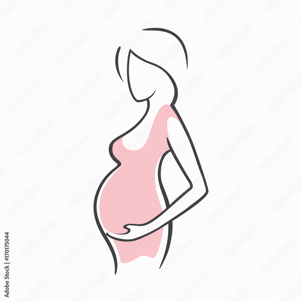 Drawing linear beautiful pregnant girl in pink clothes. Birth of a child. Vector graphic illustration of draw silhouettes for design.
