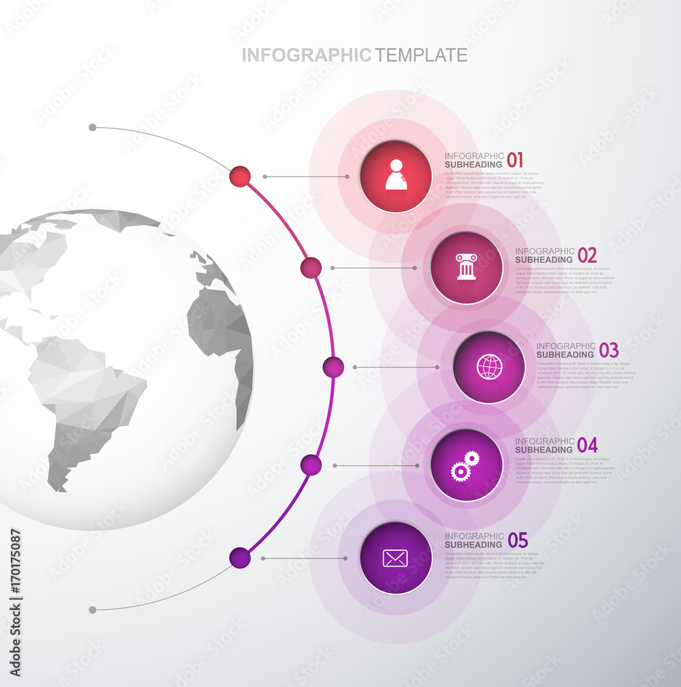 Infographic template with five circles and icons line up beside polygonal map - light version.