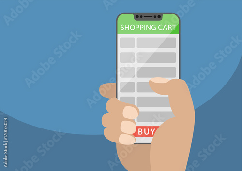 Hand holding bezel-free smart phone with shopping cart list as concept of online shopping. Vector illustration with frameless touchscreen displaying buy button.