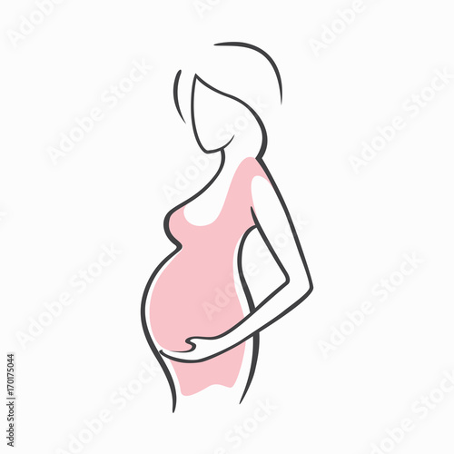 Drawing linear beautiful pregnant girl in pink clothes. Birth of a child. Vector graphic illustration of draw silhouettes for design.