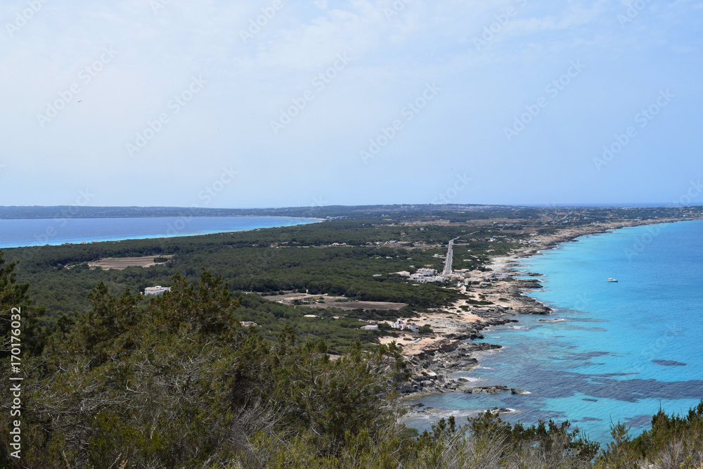 Panoramic view of Formentera Island with Ibiza to the right in the background, Spain