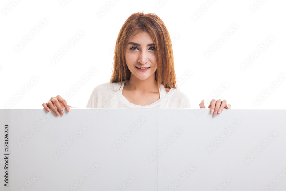 Young Asian woman with blank sign. Young Asian woman with blank sign.