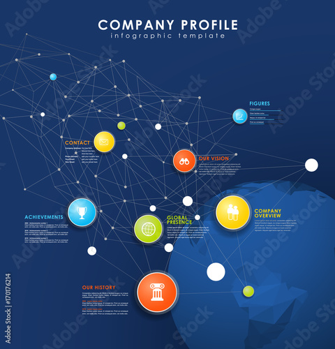 Company profile overview template with colorful circles, dots and polygonal globe on blue background- dark version.