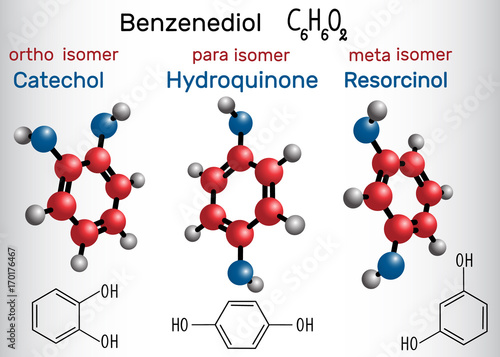 Catechol, resorcinol , hydroquinone  molecule - structural chemical formula and model.