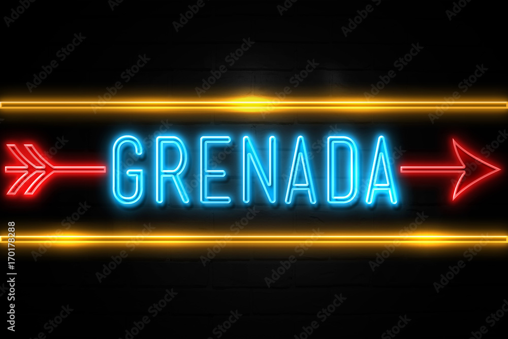Grenada   - fluorescent Neon Sign on brickwall Front view